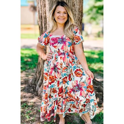 White Floral Square Neck Puff Sleeve Flowy Plus Size Midi Dress