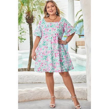 White Floral Print Ric-rac Trim Square Neck Plus Size Mini Dress