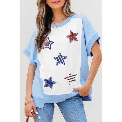 Sky Blue Patriotic Star Patched Colorblock T Shirt