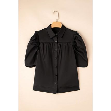 Black Frilly Puff Sleeve Stylish Collared Shirt