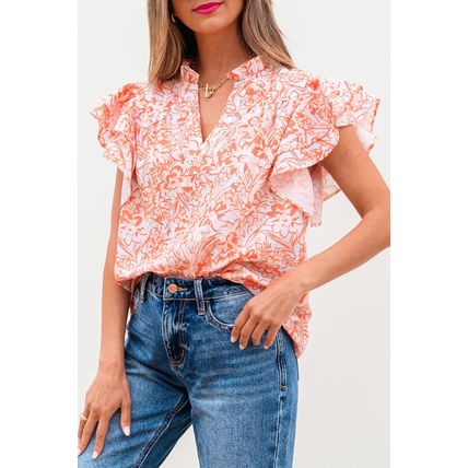 Orange Floral Ruffle Sleeve Split Neck Blouse