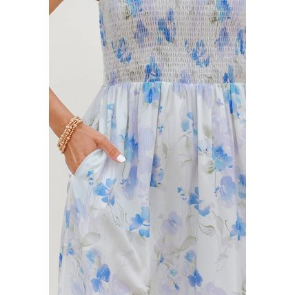 Sky Blue Floral Smocked High Waist Double Ruffle Sleeveless Long Dress