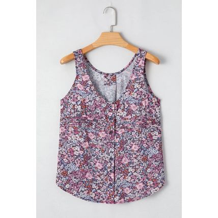 Yellow Boho Floral Pleated Buttoned Front Tank Top