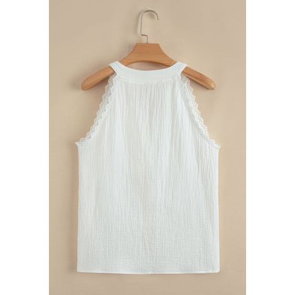 White Textured Lace Trim Pure Cotton Sleeveless Top