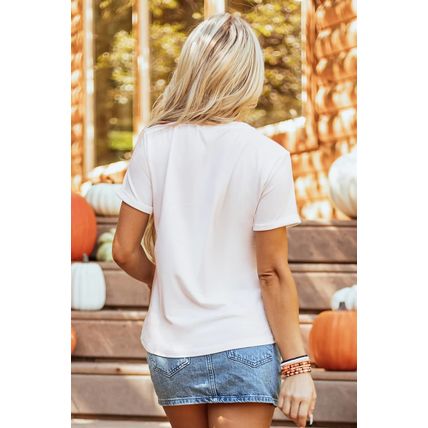 White Floral Pumpkin Print Cotton Blend T Shirt