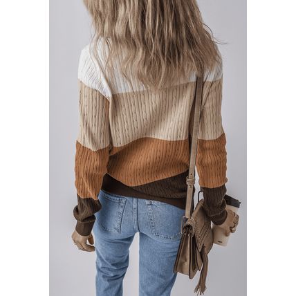 Khaki Colorblock Cable Knit Round Neck Sweater