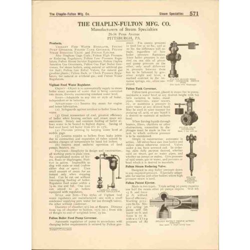 chaplin-fulton mfg company 1916 feed water regulator vintage catalog