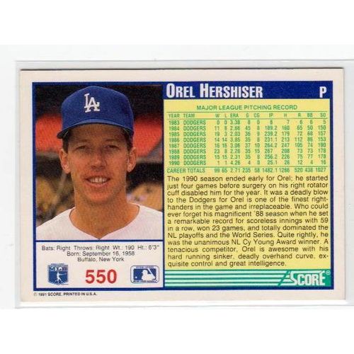 1991 Score Orel Hershiser baseball card #550 – Dodgers