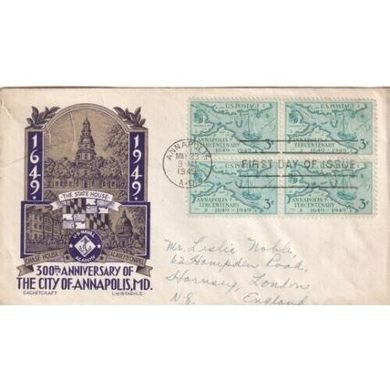 United States 1949 300th ann. City of Annapolis FDC Annapolis cancel written VGC