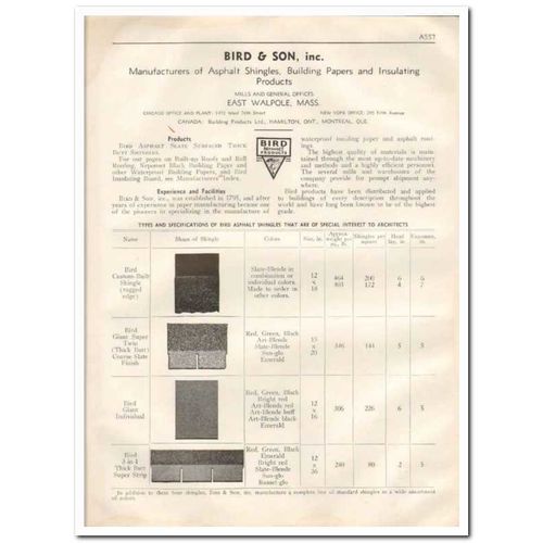 BIRD SON INC 1933 Asphalt slate surfaced butt shingles vintage catalog