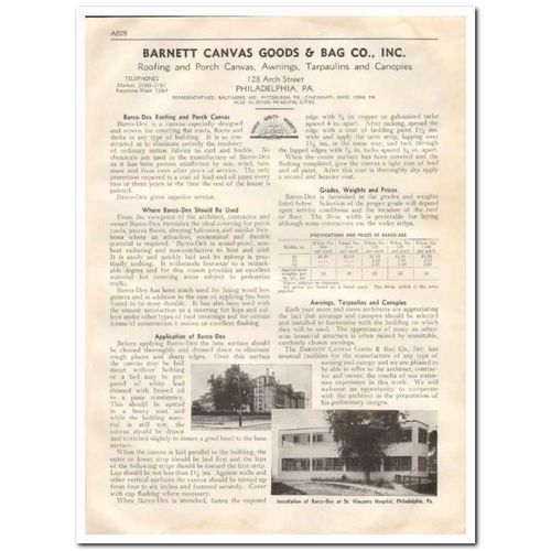 BARNETT CANVAS GOODS BAG COMPANY 1933 Barco-Dex roof vintage catalog