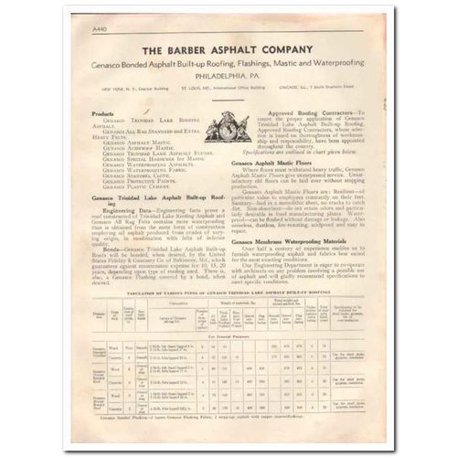 BARBER ASPHALT COMPANY 1933 built-up roofing flooring vintage catalog