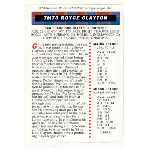 1992 Topps Magazine baseball TM73 Royce Clayton insert card –NM- Giants
