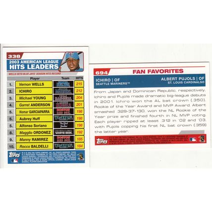 TWO 2004 Topps Ichiro cards- Hits Leaders 338 & Fan Favorites 694 with Pujols