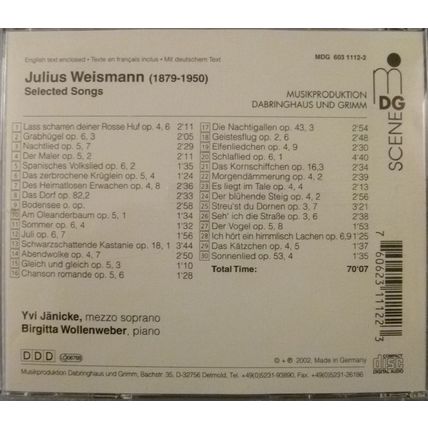 JULIUS WEISMANN SELECTED SONGS MUSIC CD YVI JANICKE MEZZO SOPRANO 30 TRACKS