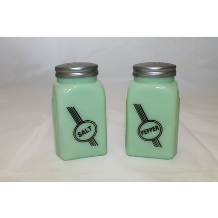 New Jade Green Glass Salt & Pepper Shakers Art Deco Badge Arch Retro Style