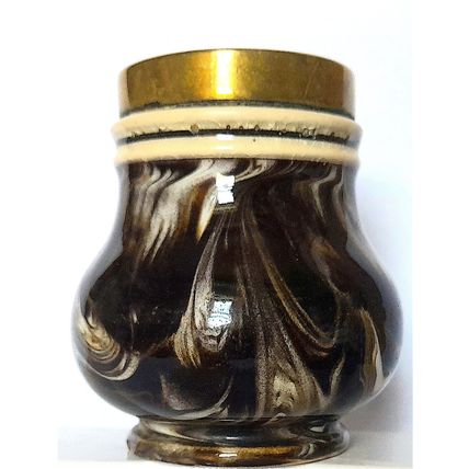 GLAZED CERAMIC POT with BRASS COLLAR and SWIRLS - 7 x 6 cm diameter 150 grams