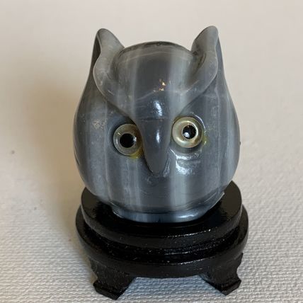 Grey Banded Agate Owl Figurine W Stand Vintage Fine Chinese Animal Carving 1.4"