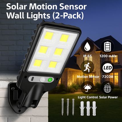 Solar Motion Sensor Wall Lights (2-Pack) | Waterproof LED Outdoor Security Light