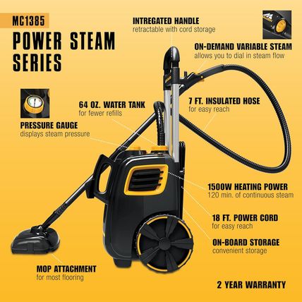 Mcculloch MC1385 Deluxe Canister Steam Cleaner, 2-Hour Runtime, Chemical-Free, 2
