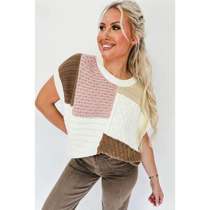 Multicolor Colorblock Mix Textured Sweater Tee