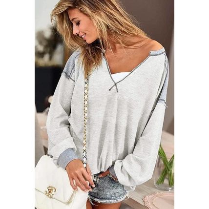 Gray Exposed Seam Ribbed Patchwork V Neck Sweatshirt