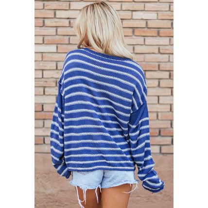 Sky Blue Stripe Drop Shoulder Casual Sweater