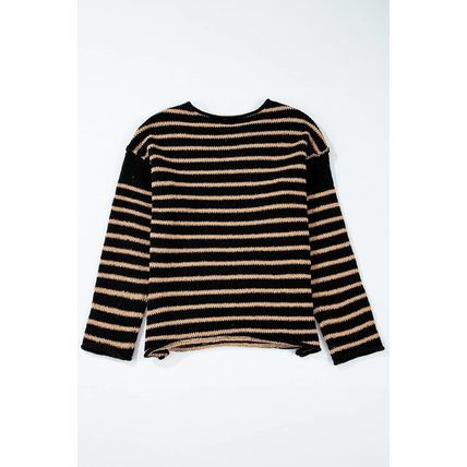 Black Stripe Drop Shoulder Round Neck Loose Sweater
