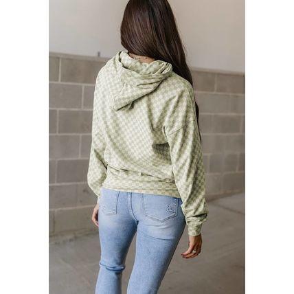 Green Checkered Print Kangaroo Pocket Drawstring Hoodie