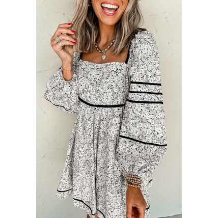 Gray Floral Print Open Back Balloon Sleeve Square Neck Mini Dress