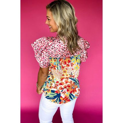 Red Floral Mixed Print Ruffle Cap Sleeve Blouse