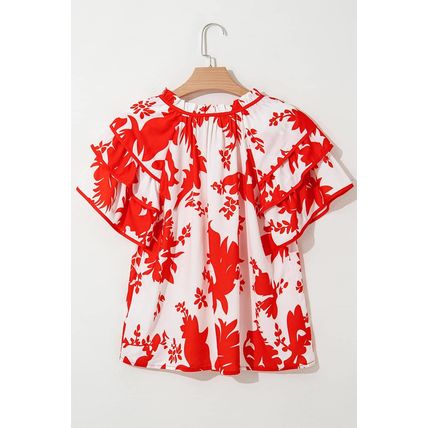 Red Plant Print Tiered Ruffled Sleeve V Neck Blouse