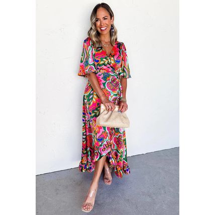 Rose Summer Plant Print Surpliced V Neck Ruffled Asymmetric Slit Wide Short Slee