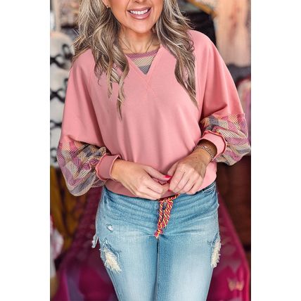 Blossom Striped Mesh Sleeve Patchwork Exposed Seam Casual Pullover Top
