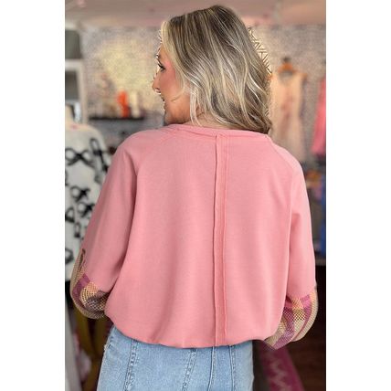 Blossom Striped Mesh Sleeve Patchwork Exposed Seam Casual Pullover Top