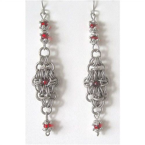 Earrings silver tone chainmaille red glass bead 3.25 inch ladies costume jewelry