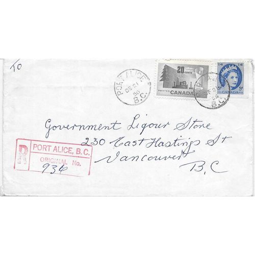 Port Alice, BC REGISTERED cancel 1956,
