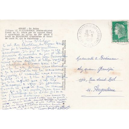 Chateau Le Plessis Mace France Postcard posted 1970 VGC