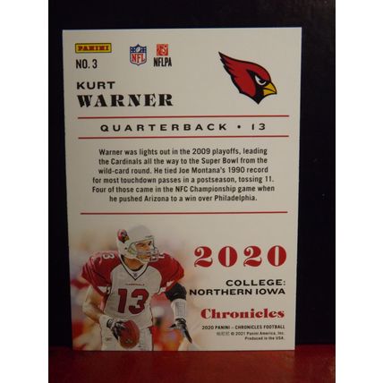 2020 Panini Chronicles KURT WARNER (Arizona Arizona Cardinals) base card #3