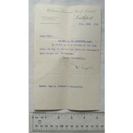 1920 letter Williams Deacons Bank, Southport