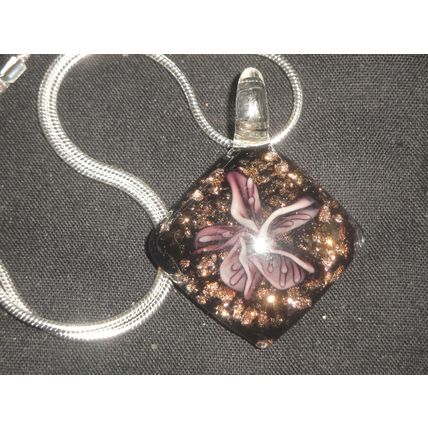 Square black glass pendant with purple white flower & gold dust