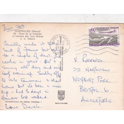 Montpellier Place de Comedie France Postcard posted 1974 crease