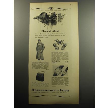 1957 Abercrombie & Fitch Ad - Loden Great Coat; Sporting Crystals; Suede pouch