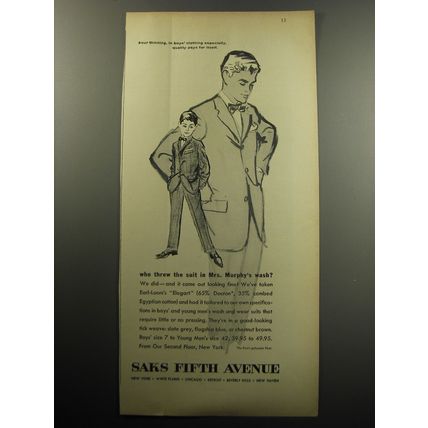 1957 Saks Fifth Avenue Suits Ad - Who threw the suit in Mrs. Murphy's Wash?