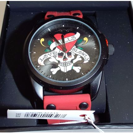 New Mens Ed Hardy Men's Skull Red Silicone Strap Watch 46mm Boat Dive MSRP$95