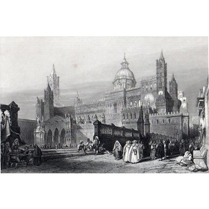 CATHEDRAL (MADRE CHIESA) AT PALERMO 1842 John Henry Le Keux ANTIQUE ENGRAVING