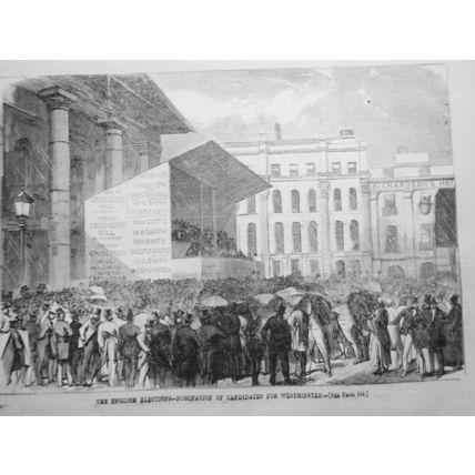 1865 The English Elections - 2 prints: Riot in Marketplace & Nominations