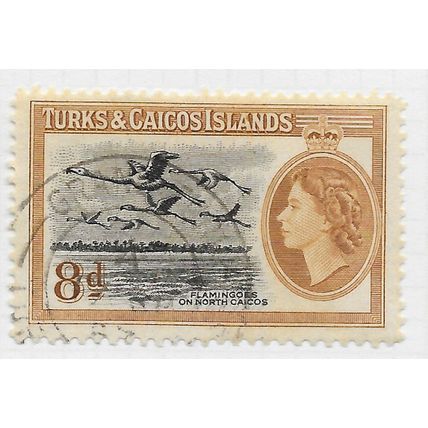 TURKS & CAICOS 1955 QE2 BIRDS FLAMINGOES NORTH 8d EIGHT PENCE USED SG236