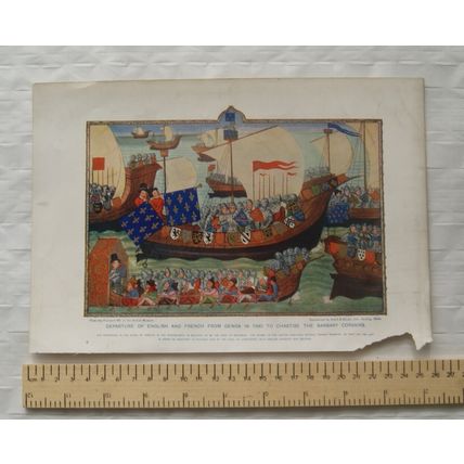 c1930 colour illustration Departure of English & French from Genoa 1390 Barbary