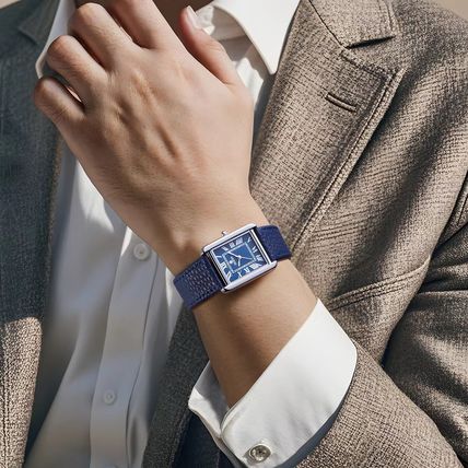 Gents Blue Square Tank Face Sony Battery Blue Genuine Leather Strap Watch